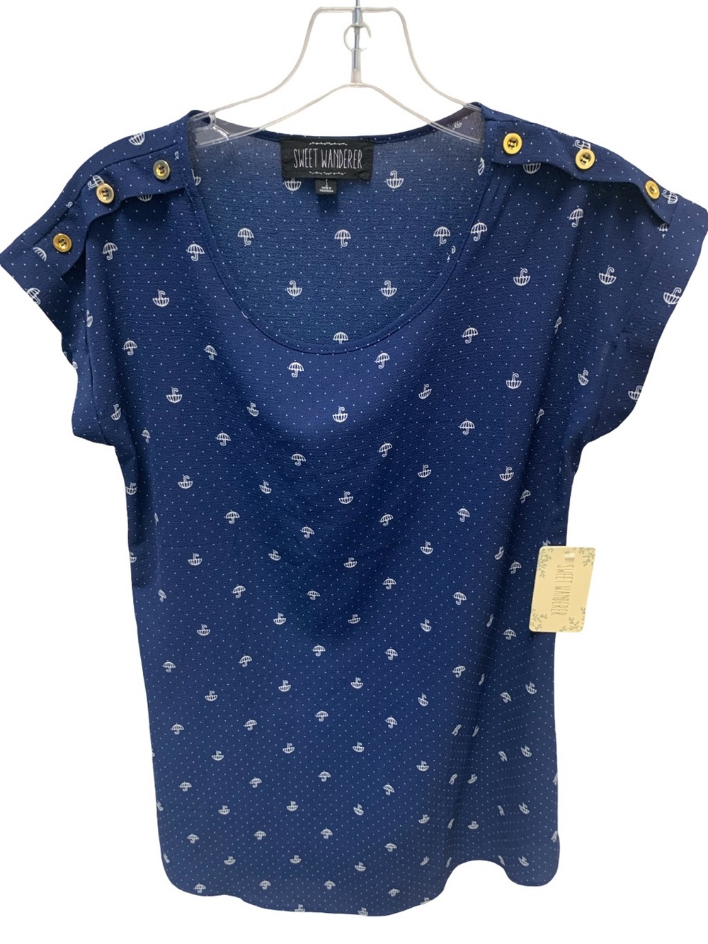 Sweet Wanderer Blue Umbrella Ladies Top Size Small NWT